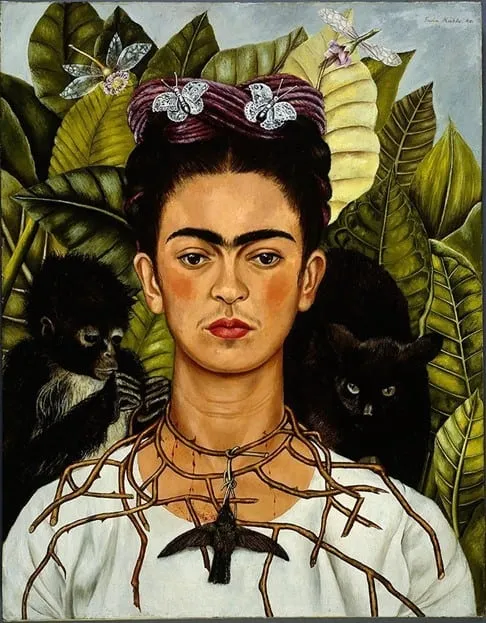 Frida khalo autorretrato com colar de espinhos e beija flor